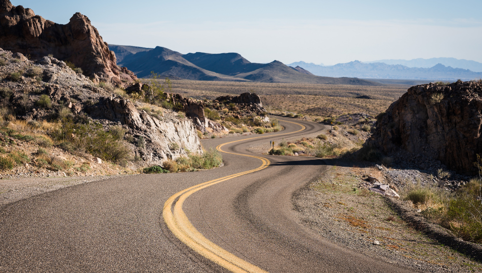 Historic Route 66 winds along Highway 10 in Arizona, USA