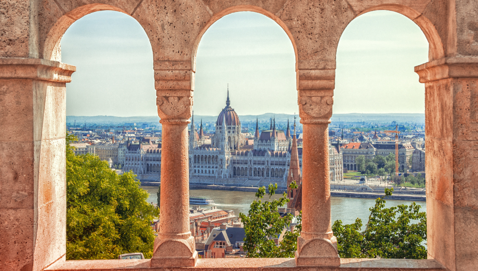 Hungary. Budapest. Parliament view through Fishermans Bastion.