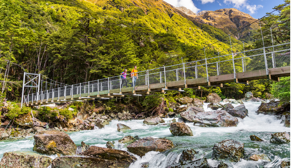 People crossing river bridge on the Routeburn Track trail path