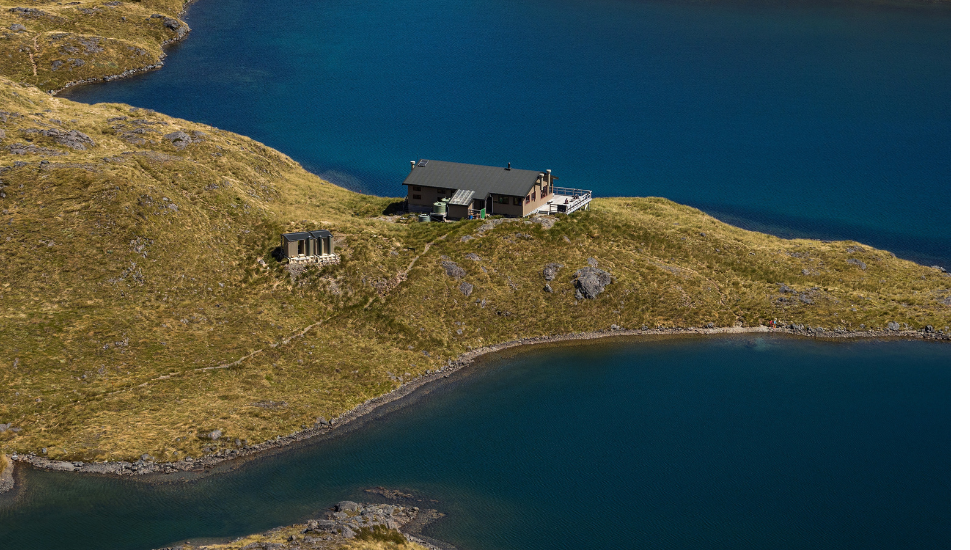 Angelus Hut on lake shore in Nelson Lakes National Park, Tasman, New Zealand