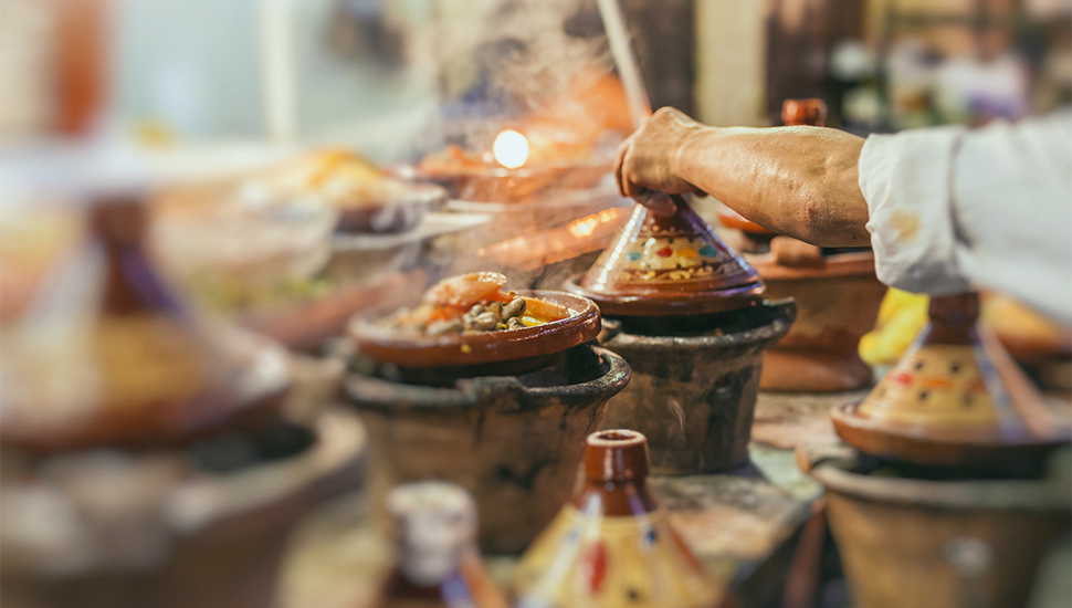 Selection of very colourful Moroccan tajines (traditional cassero