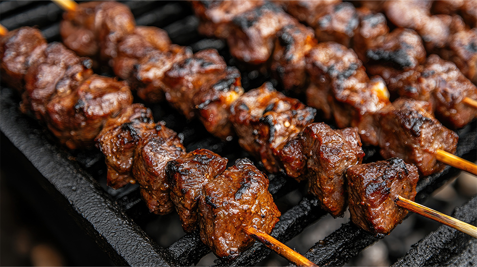 A close-up of grilled beef skewers (shisa nyama) marinated in spices