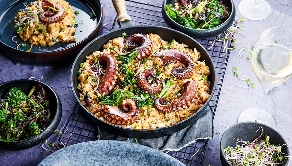 A portion of risotto with octopus tentacles