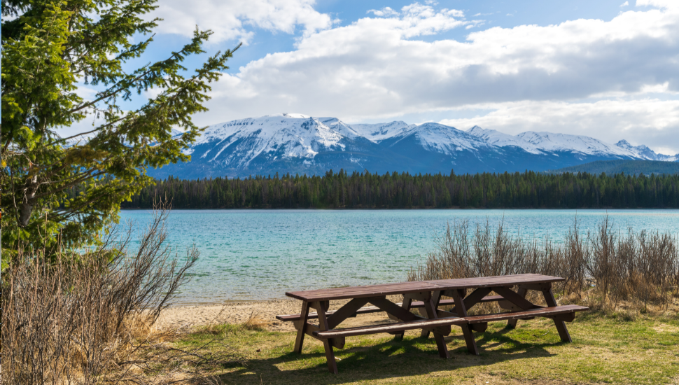 Lake Annette lake shore beach and bench, Jasper National Park, Canada