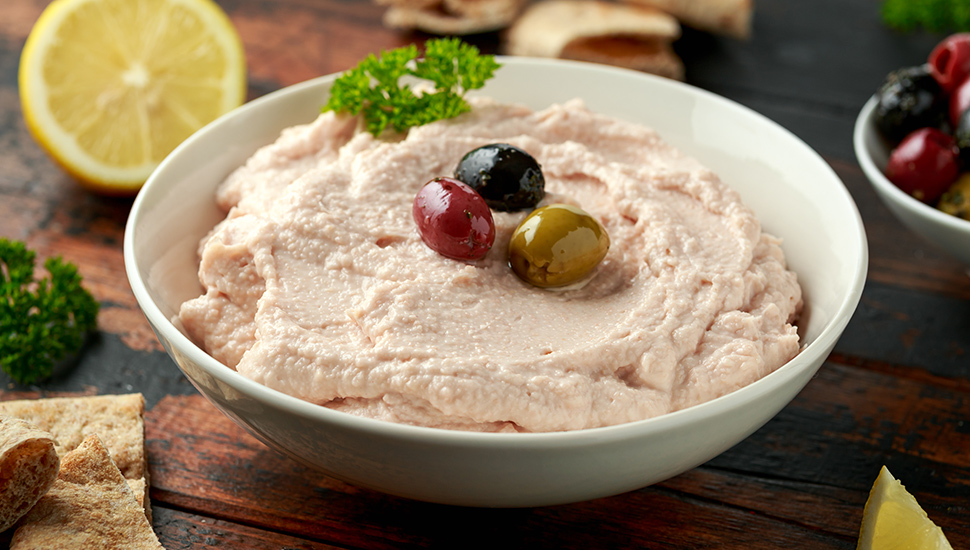 Taramasalata dip with pita bread and olives