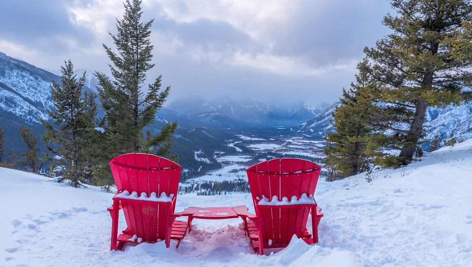Red chairs on the summit of Tunnel Mountain in Banff, Alberta, Canada