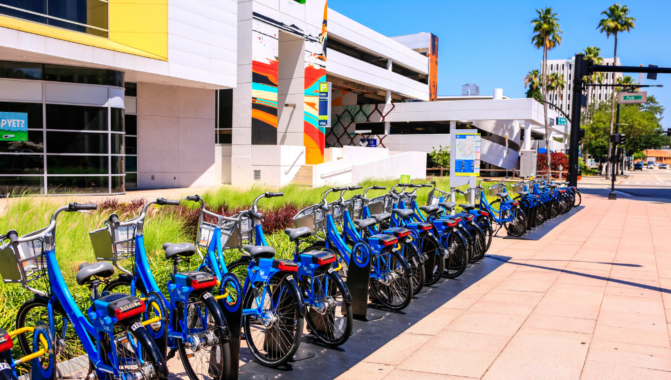 Blue rental cycles in downtown Tampa