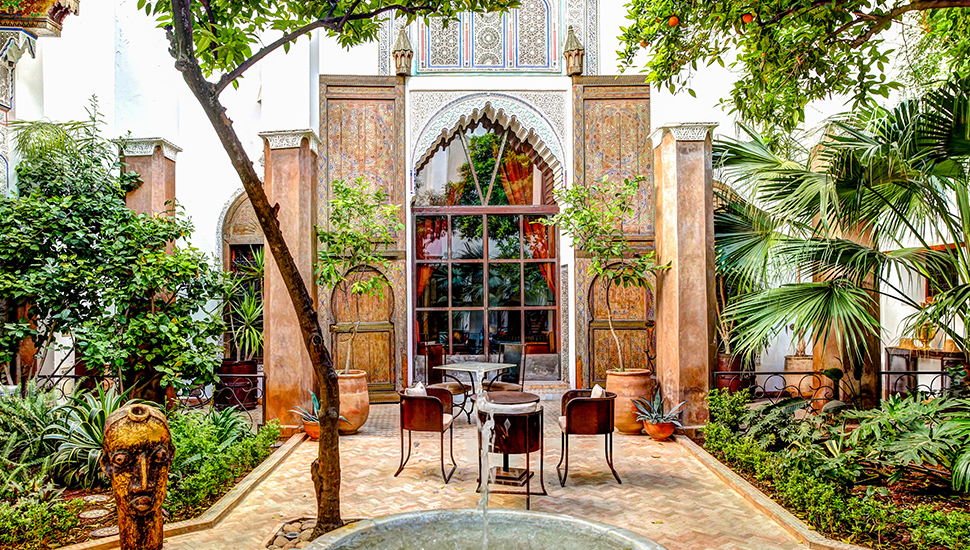 Grounds and interiors of the Riad Laaroussa in Fes Morocco.