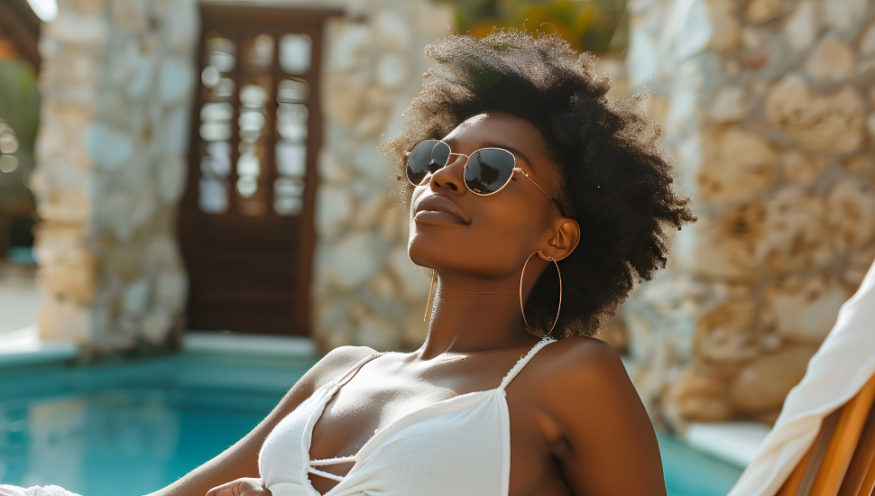 Solo traveller relaxing by swimming pool