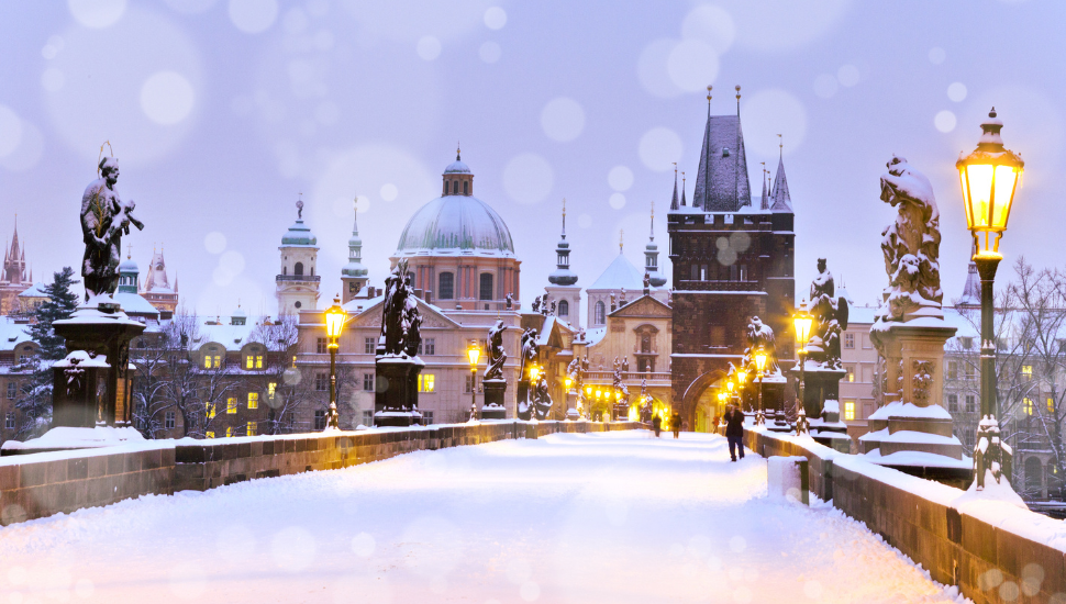 Charles Bridge, Prague, covered in snow