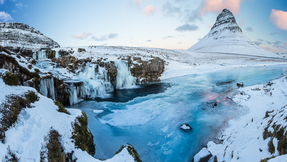 Kirkjufell waterfall with mountain in winter, Iceland