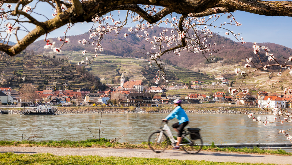 Cycling on the bank of the Danube river in Austria