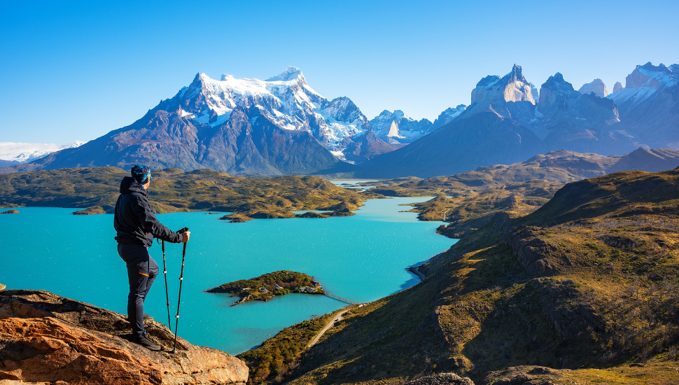 View of Los Cuernos rocks and Lake Pehoe in Torres del Paine national park, Patagonia, Chile