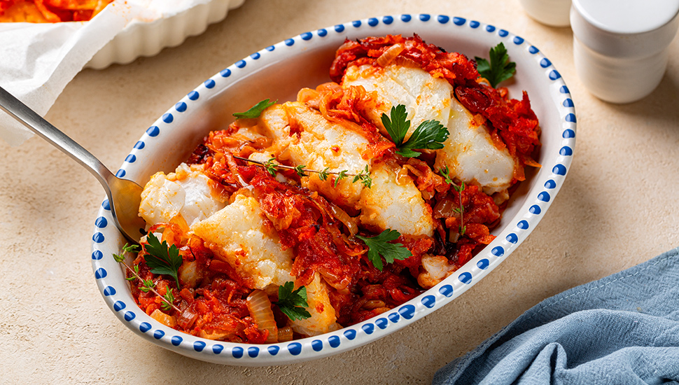 Served Greek and Polish style oven baked cod fish Psari Plaki with sauteed vegetables