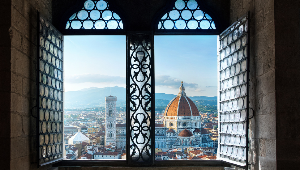 View from the old window on Florence Duomo Basilica di Santa Maria del Fiore. Florence, Italy
